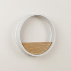 White LED ring wall lamp with wooden shelf, switched off, shown as a plain product view