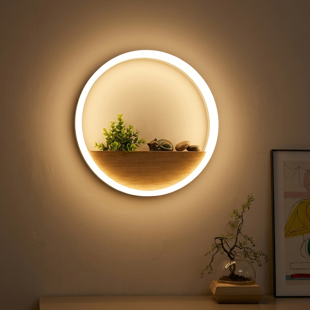 White ring shelf wall lamp on a living room accent wall with warm glow