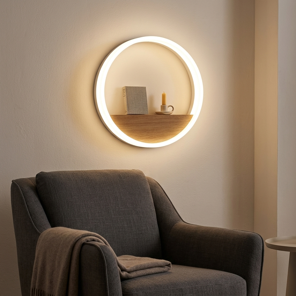 White ring shelf wall lamp above a reading armchair with a book on its shelf