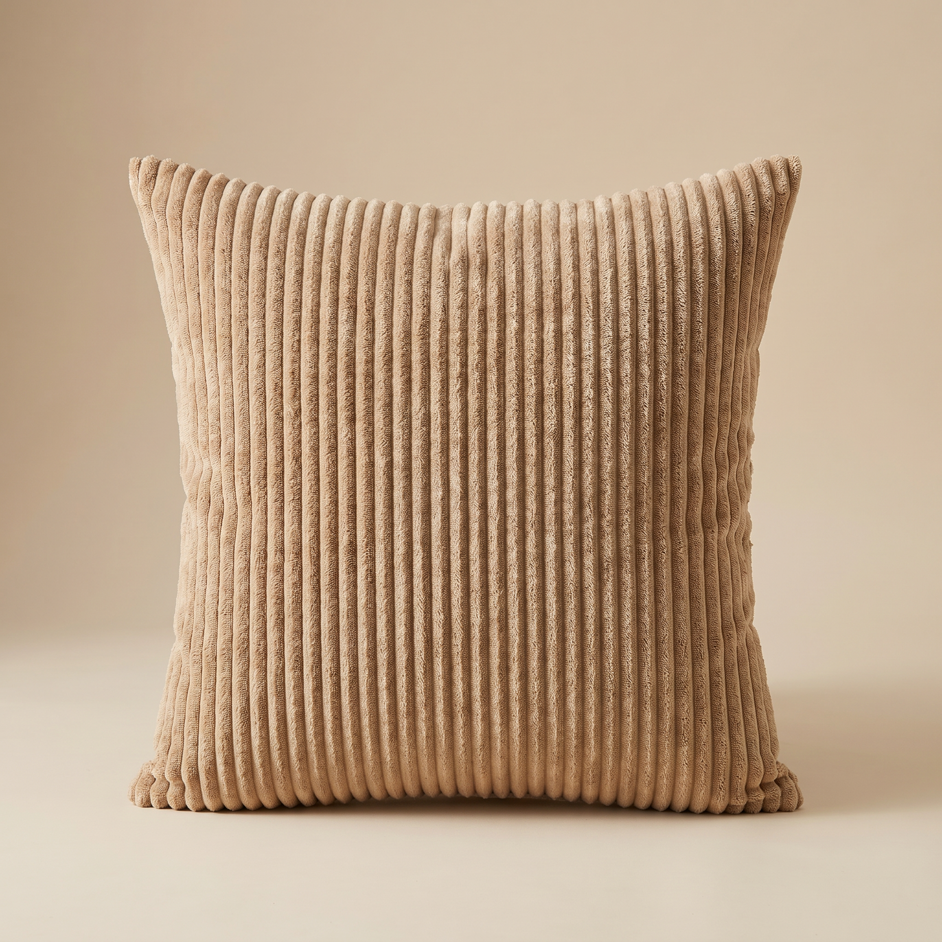 Beige corduroy cushion cover layered on a neutral linen sofa