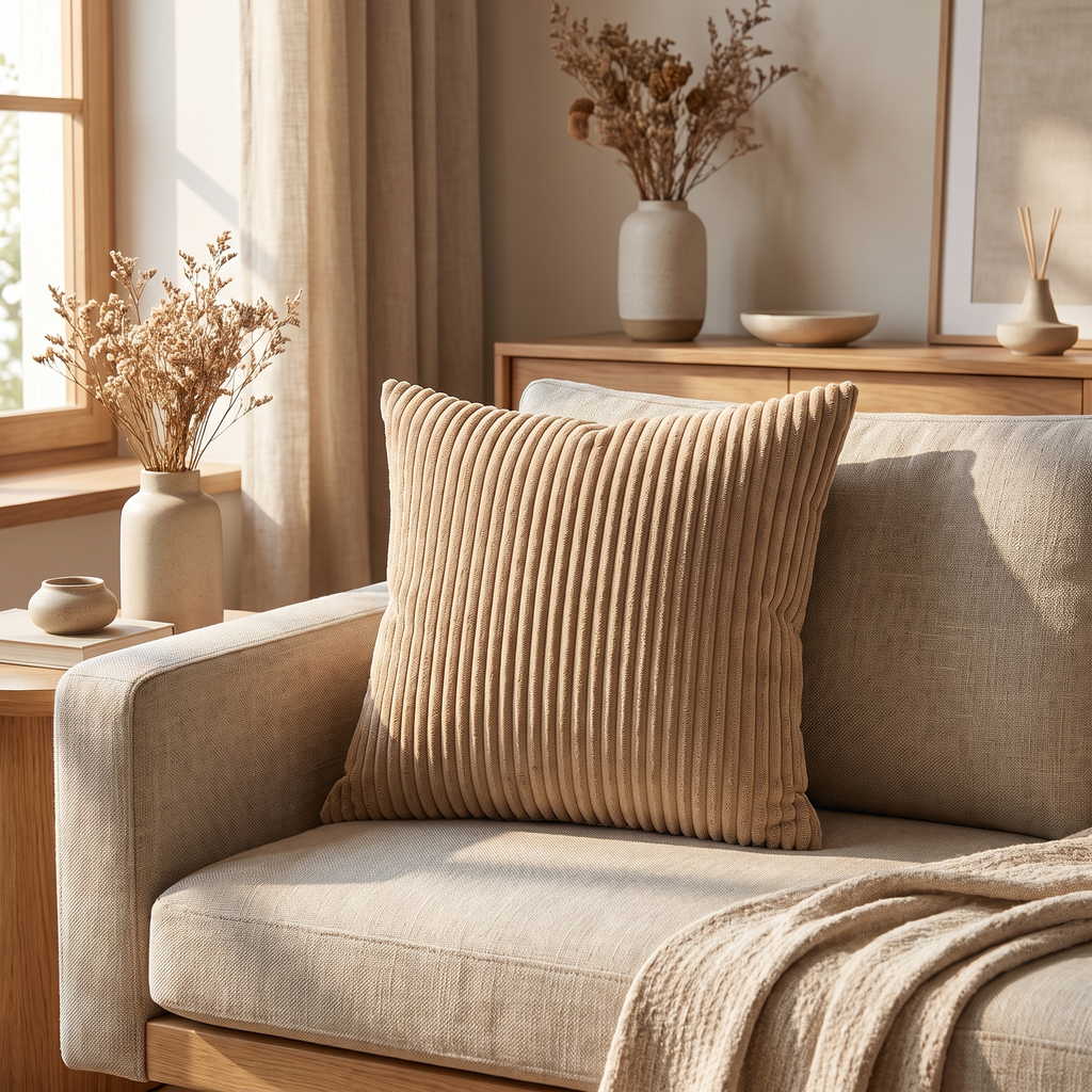 Close-up of ribbed corduroy texture in warm ivory