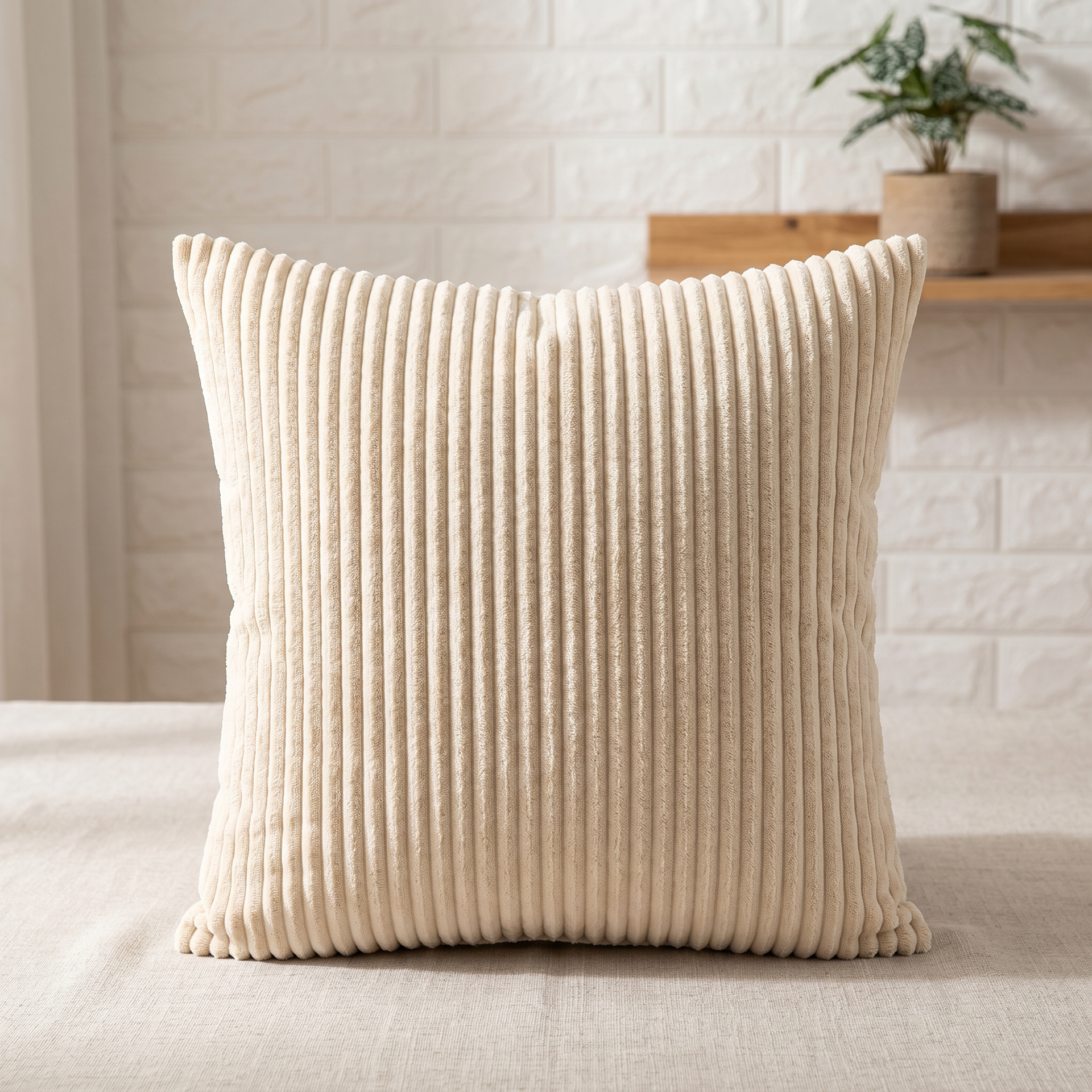 Light coffee corduroy lumbar cushion on a made bed