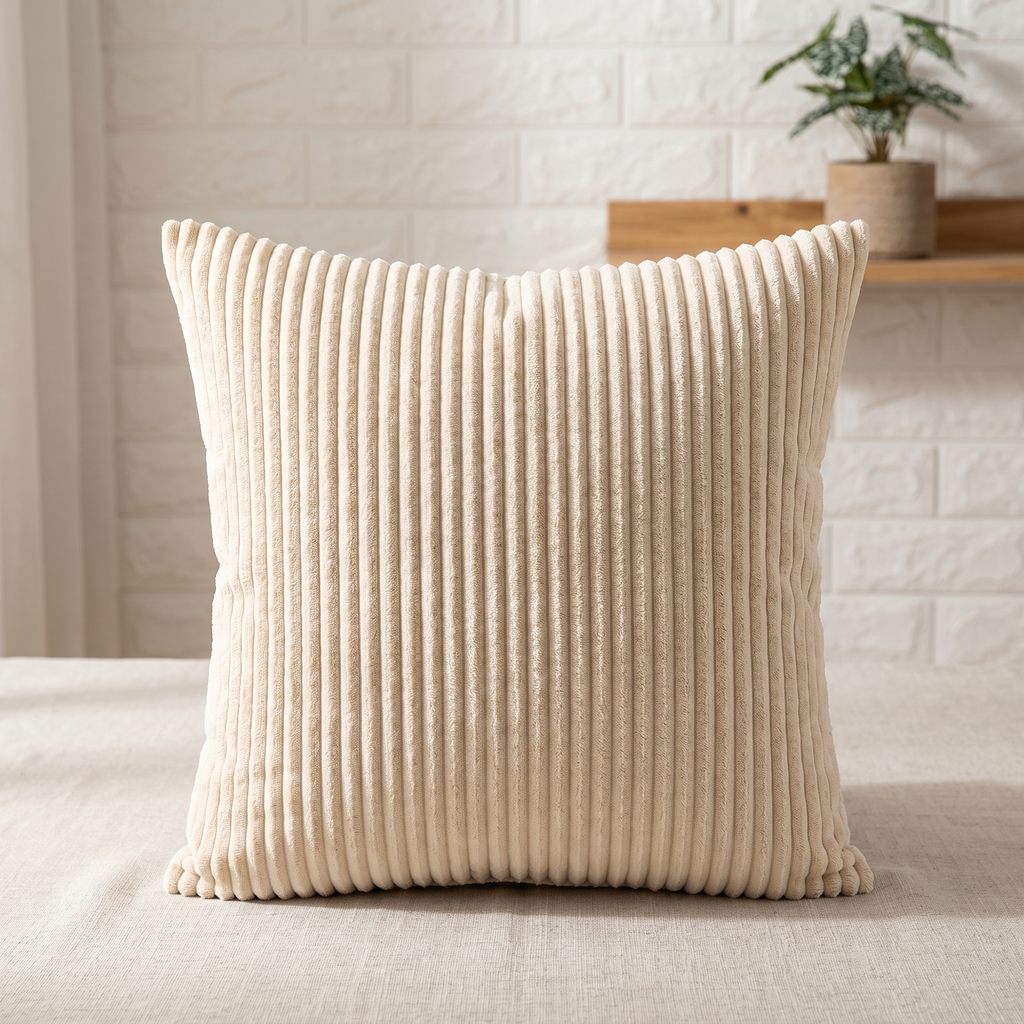 Light coffee corduroy lumbar cushion on a made bed
