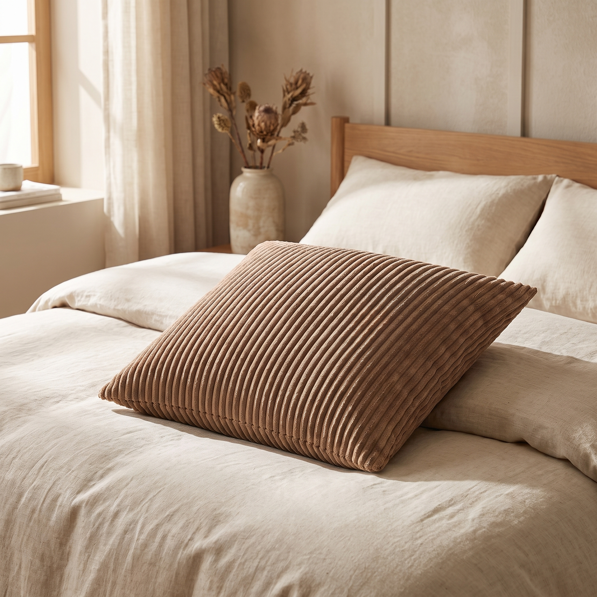 Two corduroy cushion covers stacked on a wooden bench