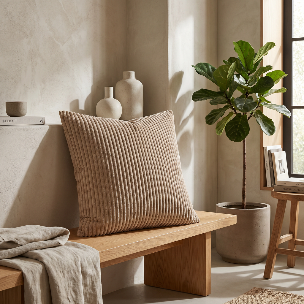 Corduroy cushion against a plaster wall in soft daylight