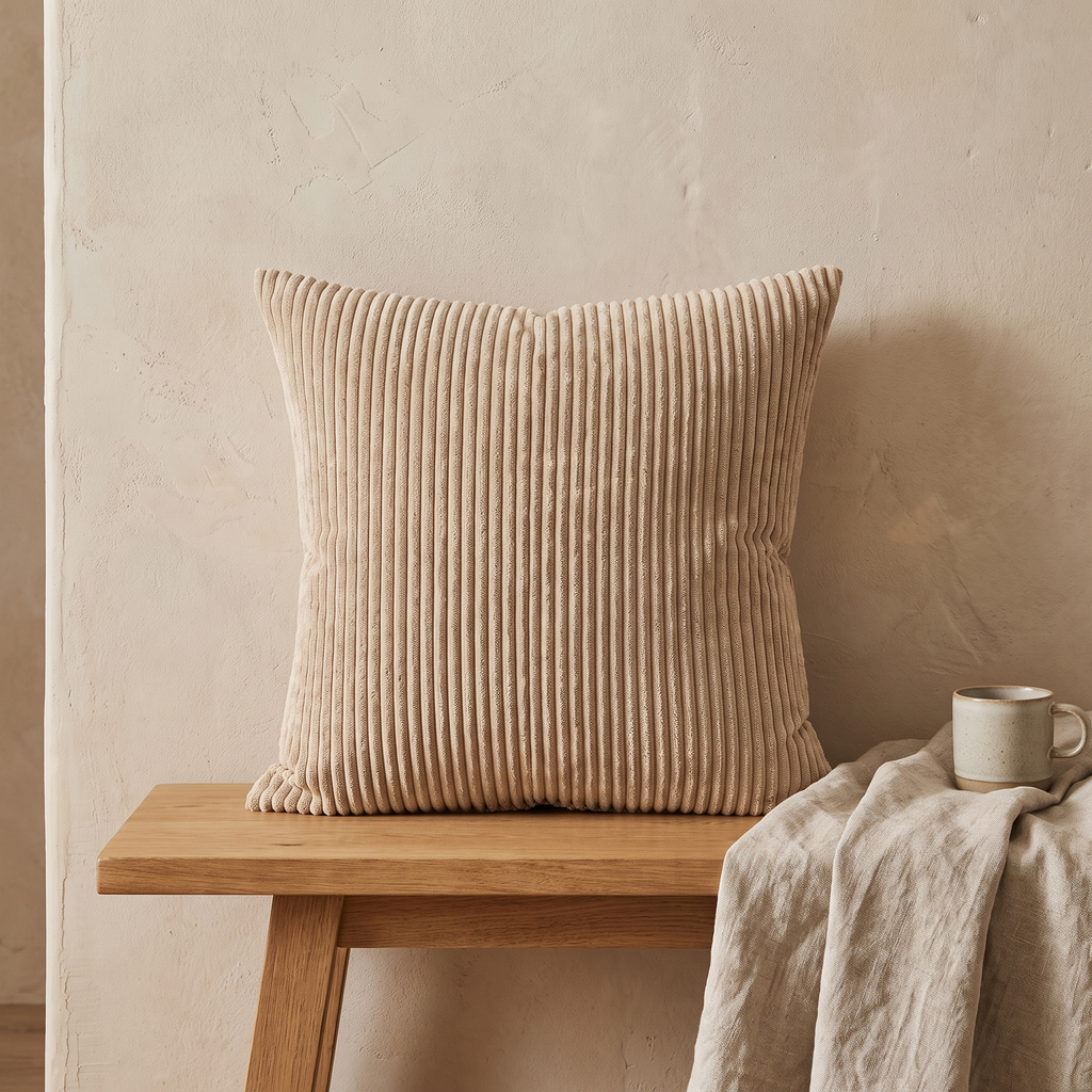 Square corduroy cushion in a minimalist Japandi reading nook