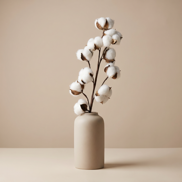 Faux cotton boll branch in a stoneware vase on a linen runner