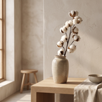 Artificial cotton branches in a tall neutral ceramic vessel