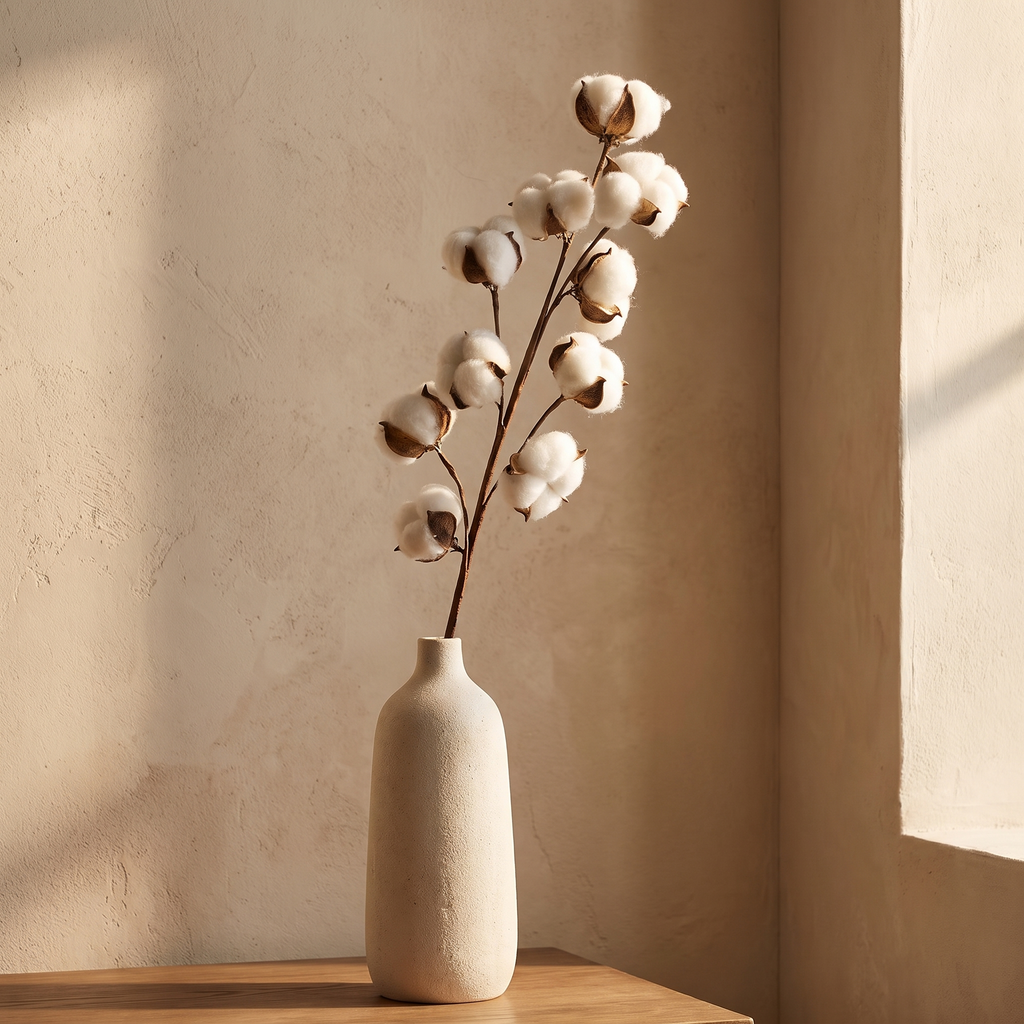 Single long faux cotton boll stem against a warm plaster wall