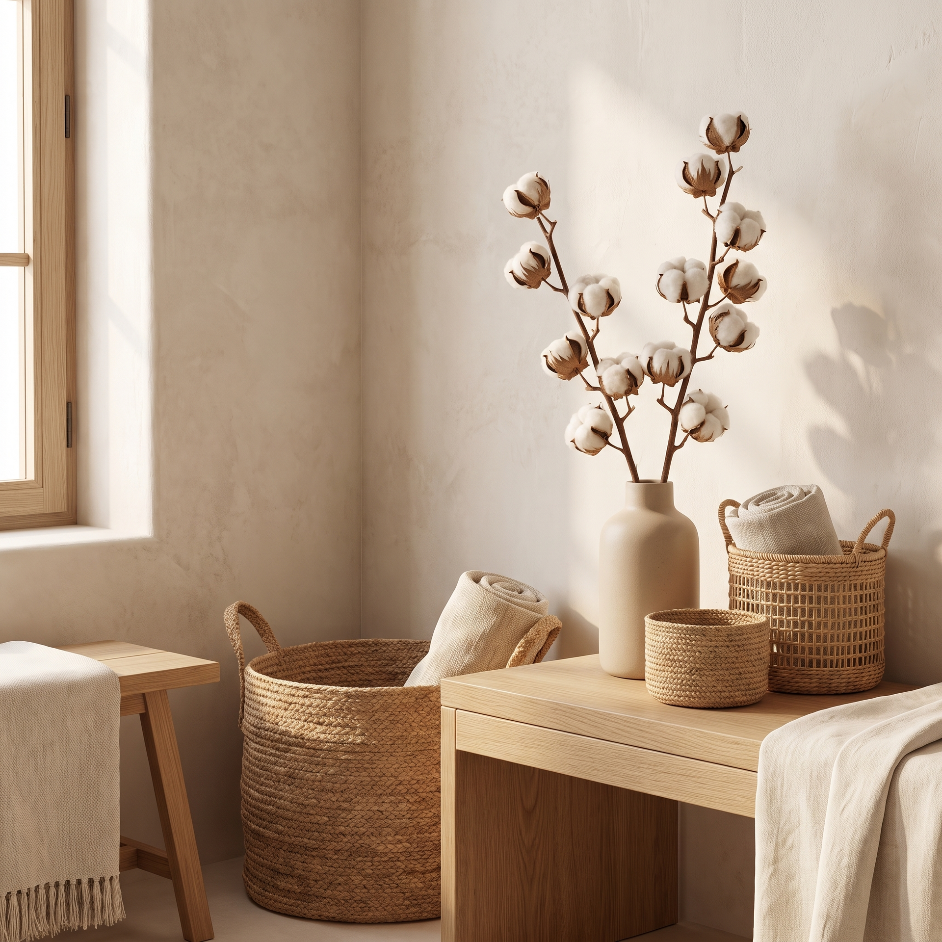 Bundle of artificial cotton branches beside woven baskets in a calm corner