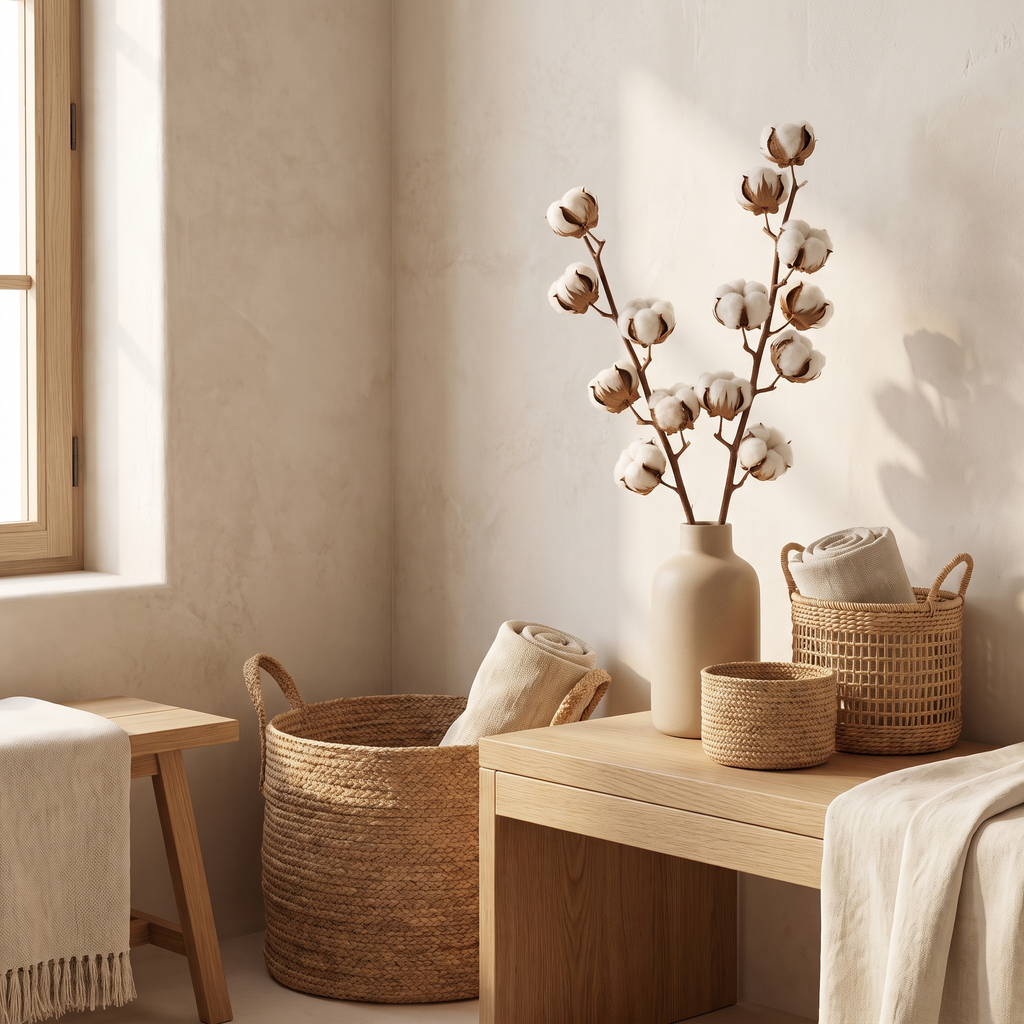 Bundle of artificial cotton branches beside woven baskets in a calm corner