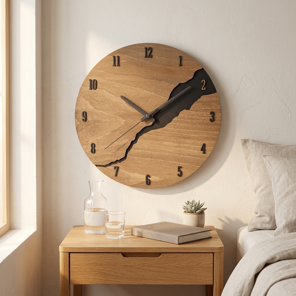 Wooden cracked-split wall clock with Arabic numerals in a warm minimalist bedroom