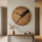 Wooden cracked-split wall clock with baton hour markers in a hallway entryway