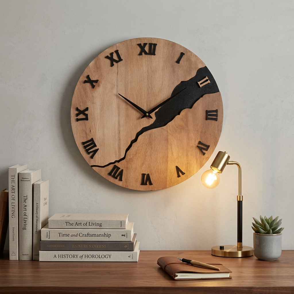 Wooden cracked-split wall clock with Roman numerals in a home office study