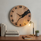 Wooden cracked-split wall clock with Roman numerals in a home office study