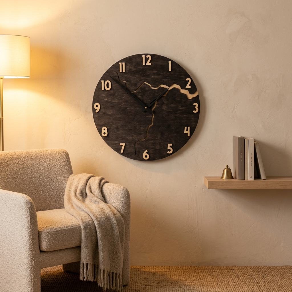 Dark walnut cracked-split wall clock in a cozy reading corner
