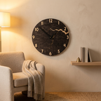 Dark walnut cracked-split wall clock in a cozy reading corner
