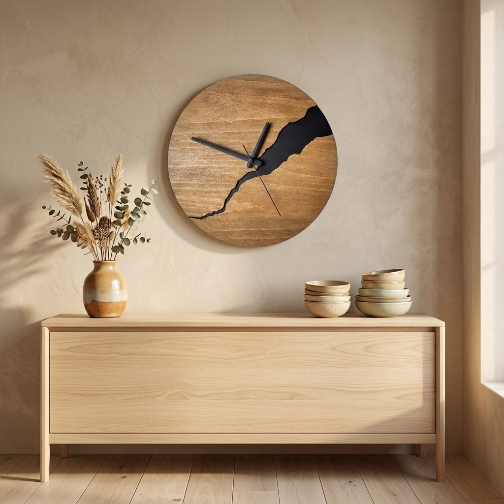 Warm wood cracked-split wall clock with black hands above a light-wood sideboard in a minimalist dining nook