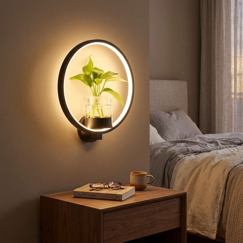 Black round ring wall lamp with plant vase glowing warm above a bedroom nightstand