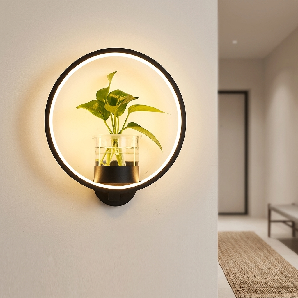 Black round ring wall lamp with plant vase as a warm accent in a hallway