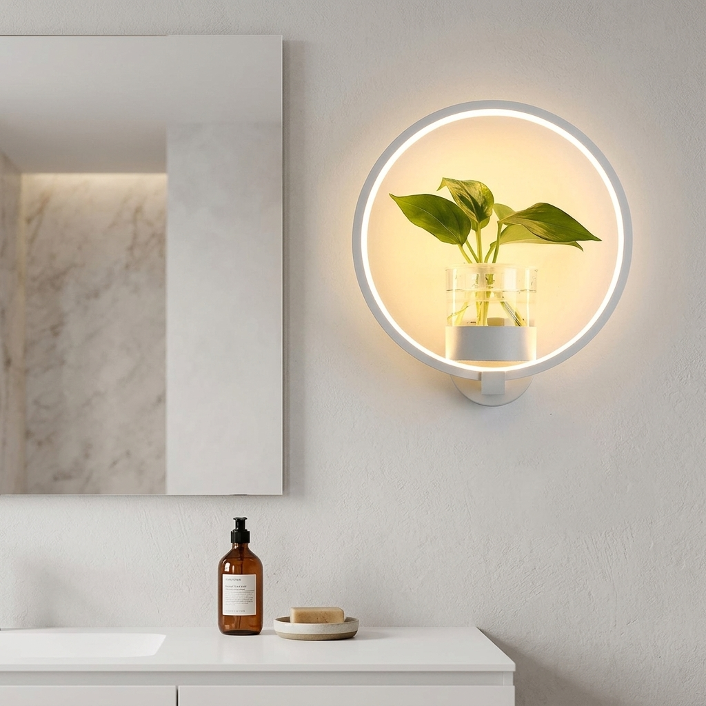 White round ring wall lamp with plant vase beside a mirror on a bathroom vanity