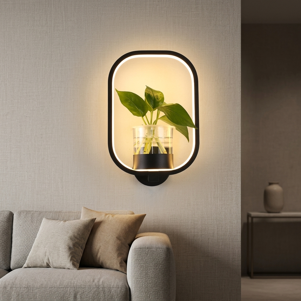 Black oblong-frame wall lamp with a glass plant vase on a living room accent wall
