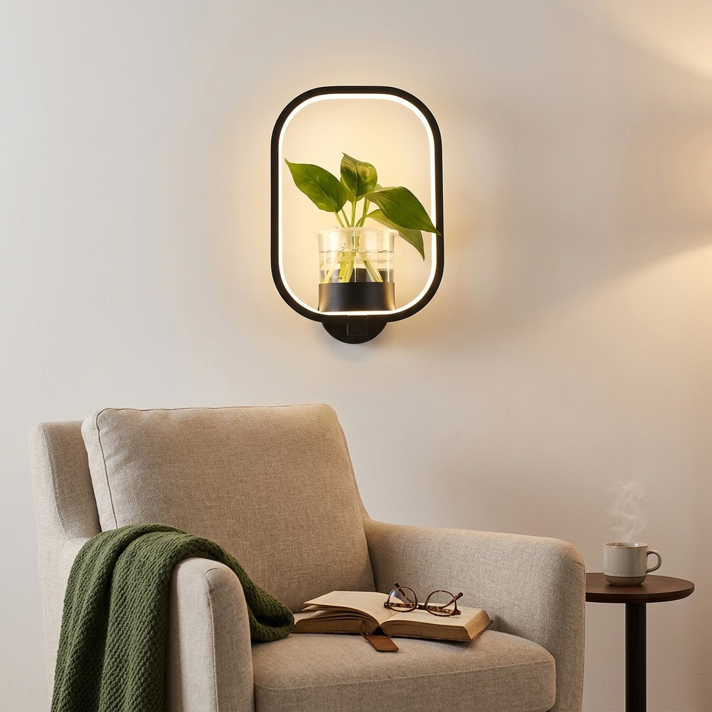 Black oblong-frame wall lamp with a glass plant vase above a reading armchair