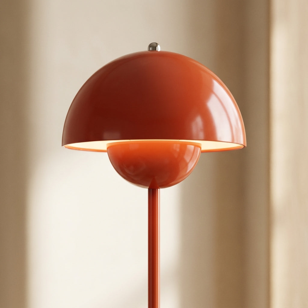 Slim straight pole and rounded base of the glossy red-orange mushroom floor lamp
