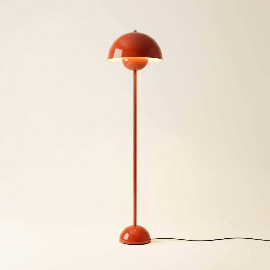 Glossy red-orange mushroom-dome floor lamp shown full length against a neutral wall