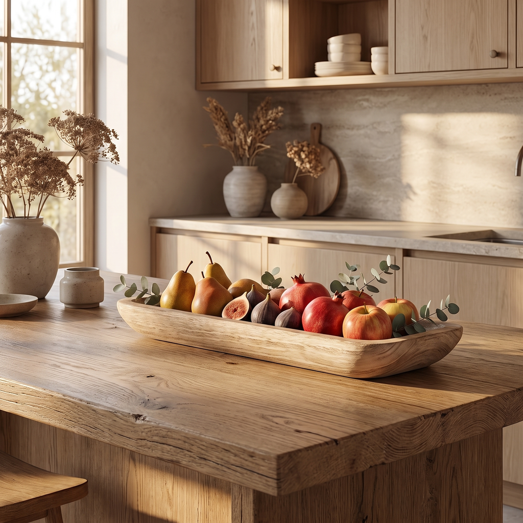 Elongated wooden dough bowl styled with clustered pillar candles on a coffee table