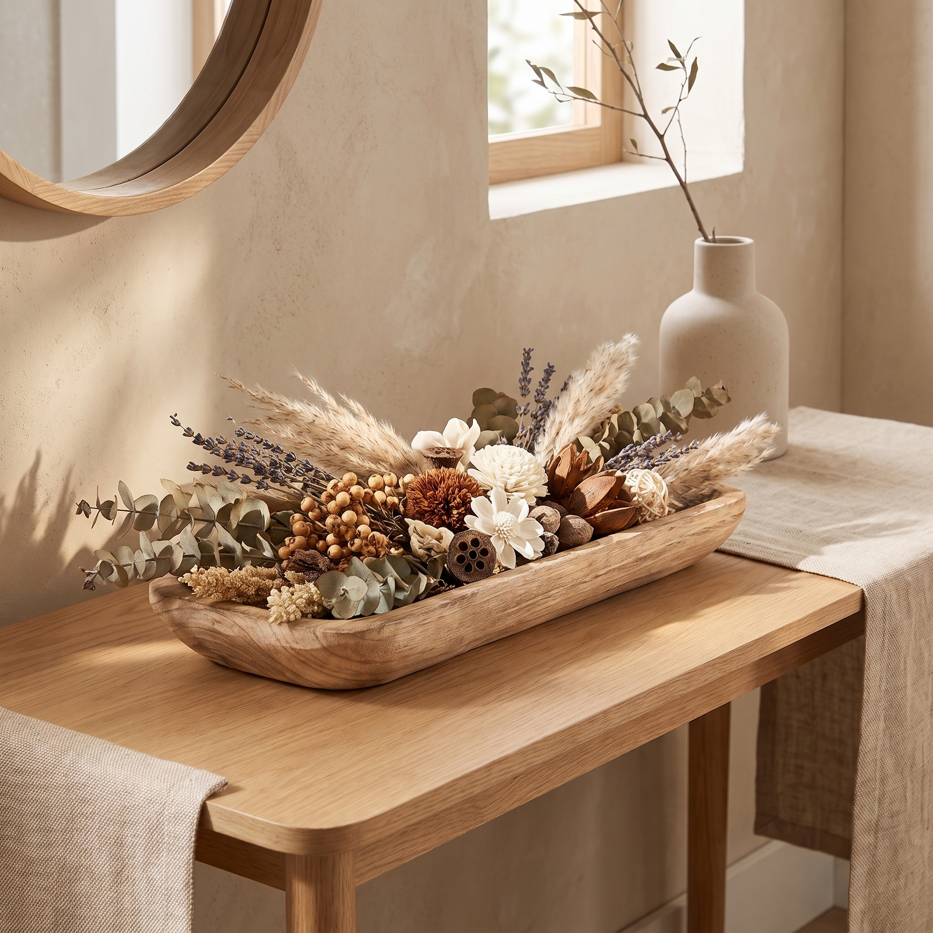 Rustic wooden dough bowl filled with dried botanicals on an entryway console