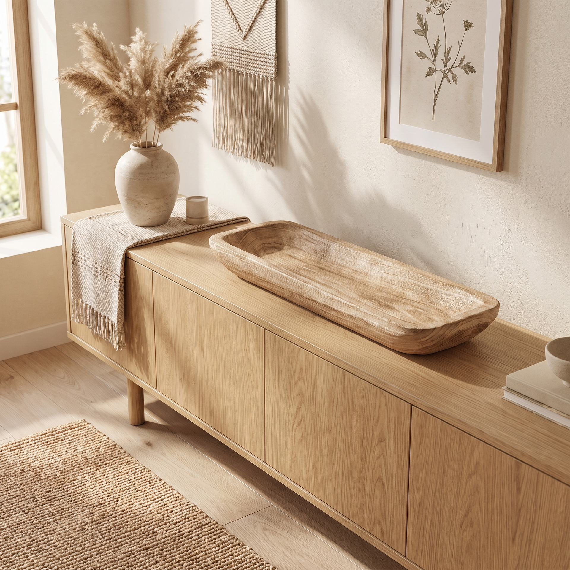 Empty natural wood bowl resting on a neutral sideboard in a calm interior