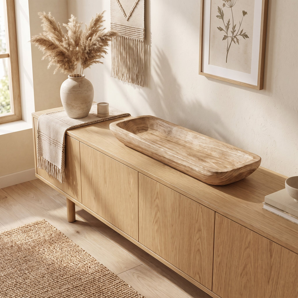 Empty natural wood bowl resting on a neutral sideboard in a calm interior