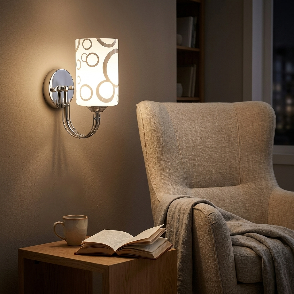 Chrome patterned-glass wall sconce above a cozy reading armchair