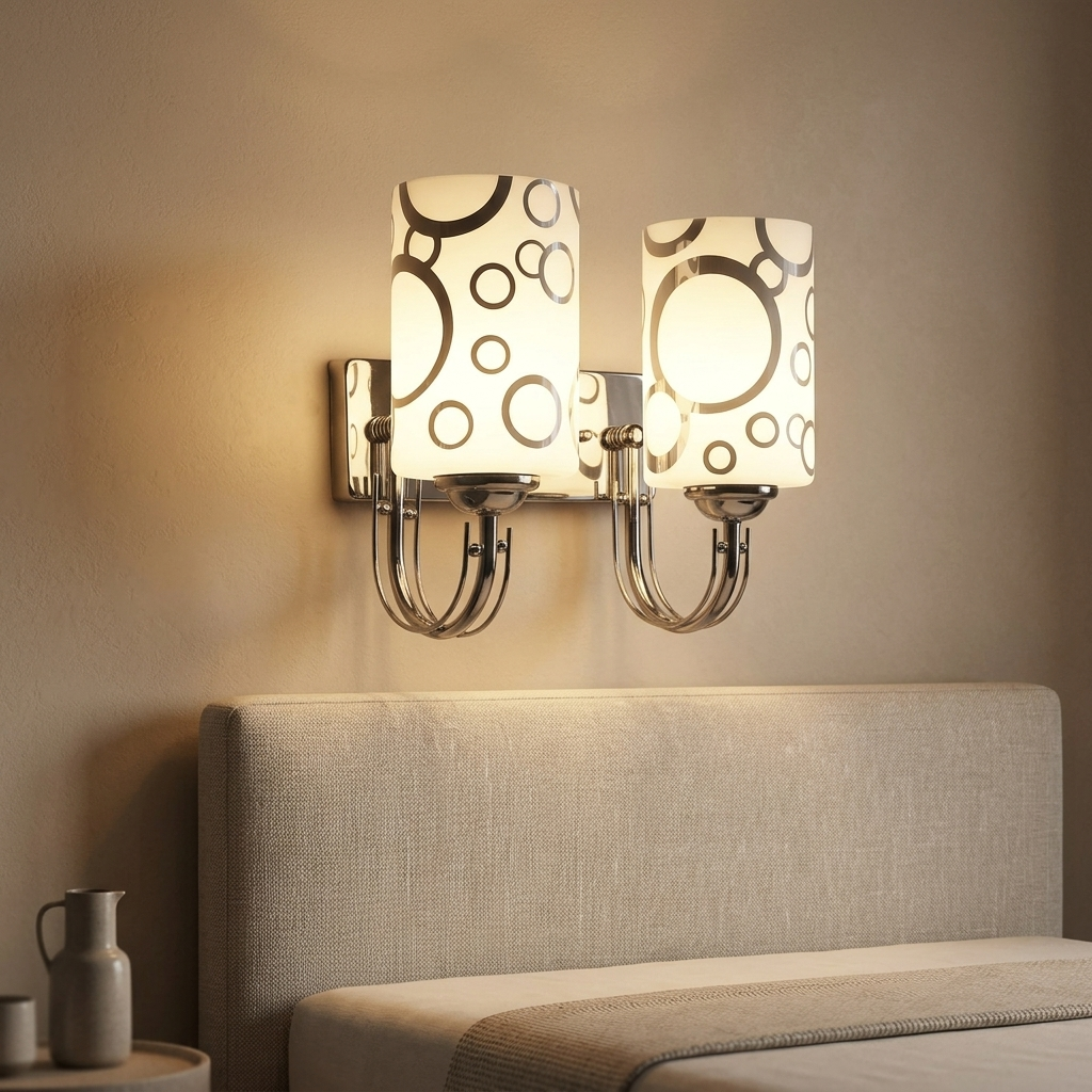 Chrome double-head wall sconce with two patterned glass shades above a bed