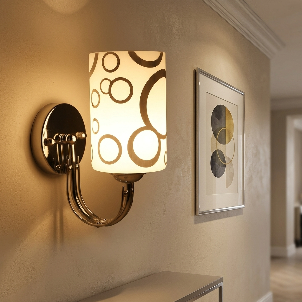 Chrome patterned-glass wall sconce in a hallway beside a framed art print