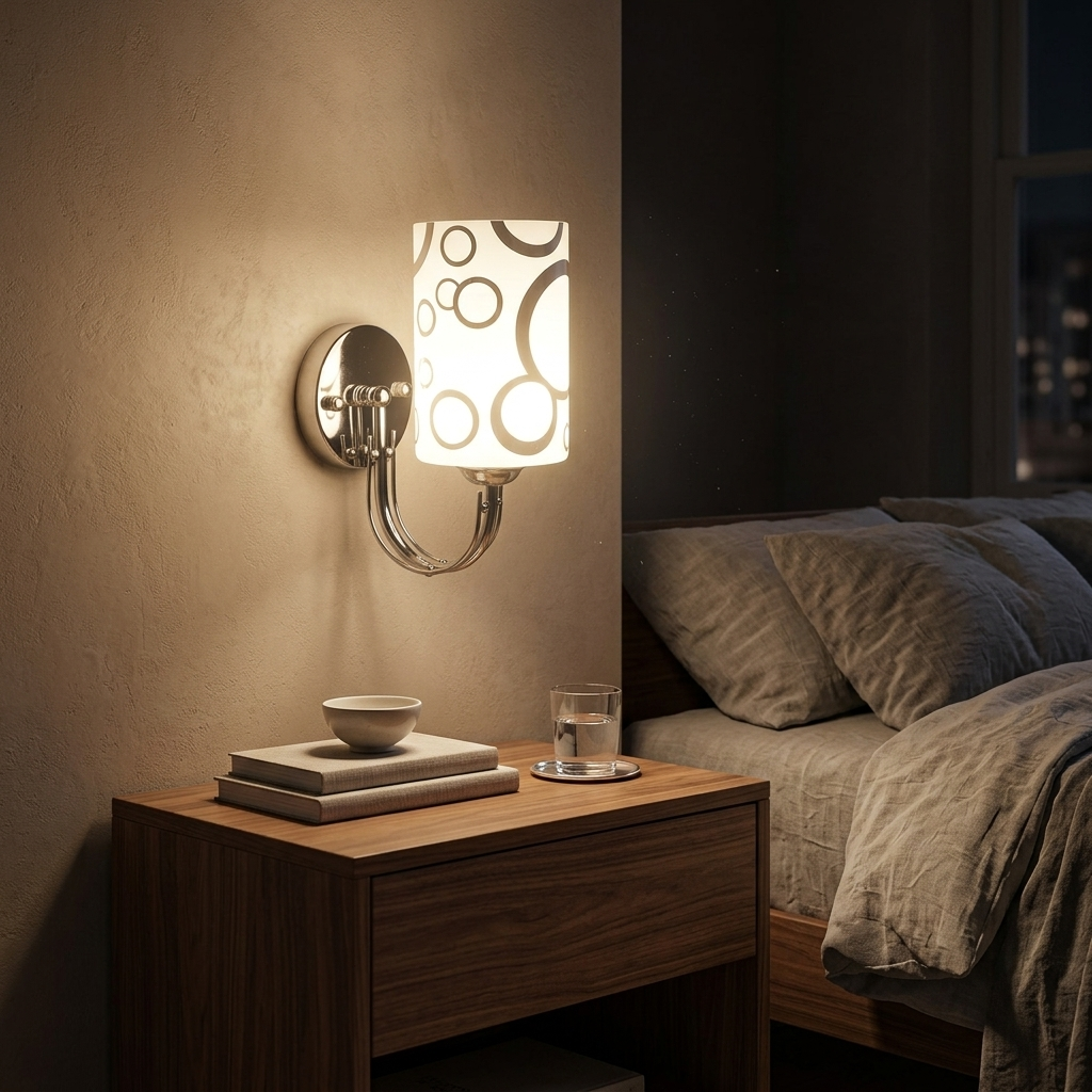 Chrome wall sconce with patterned glass shade glowing warm above a bedroom nightstand