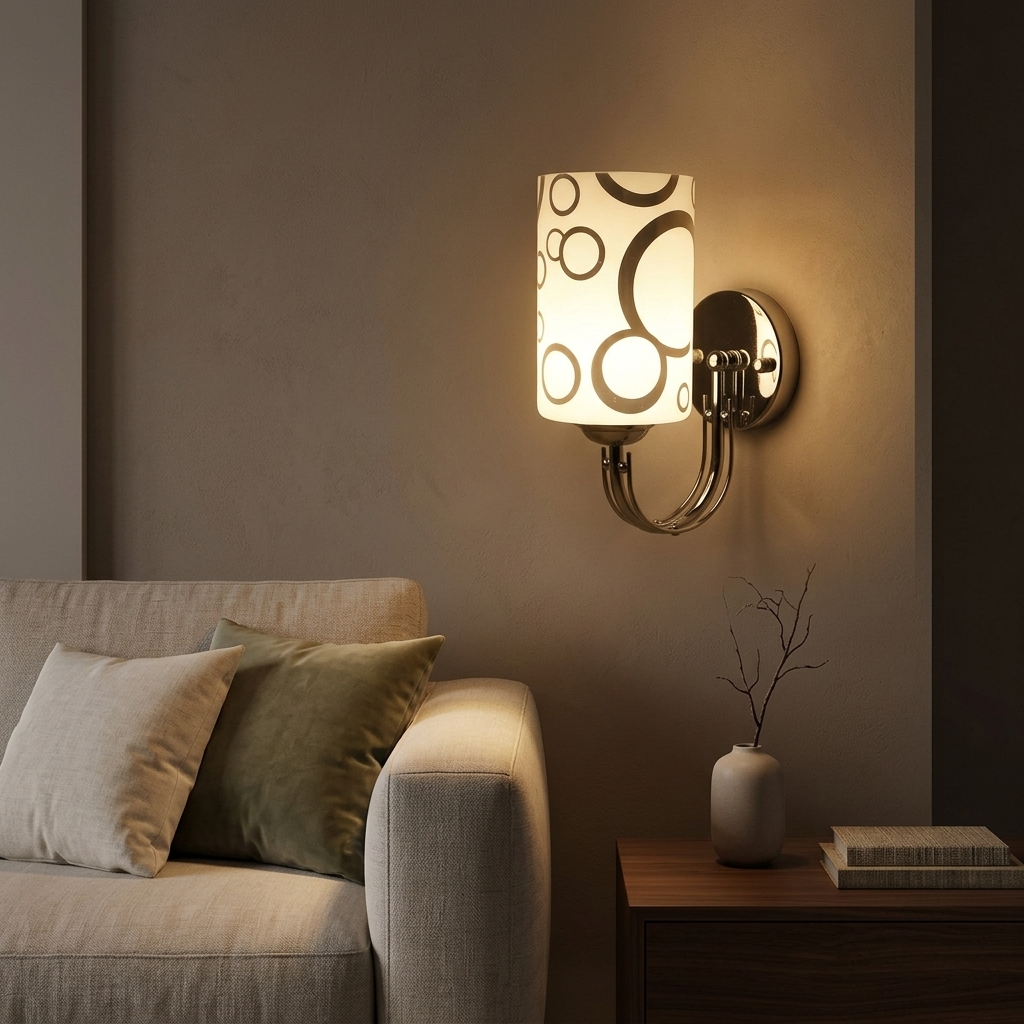 Chrome patterned-glass wall sconce on a living room accent wall beside a sofa