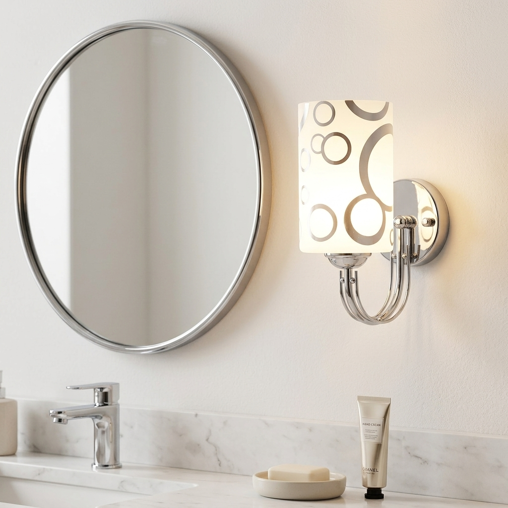 Chrome patterned-glass wall sconce beside a round mirror on a vanity wall