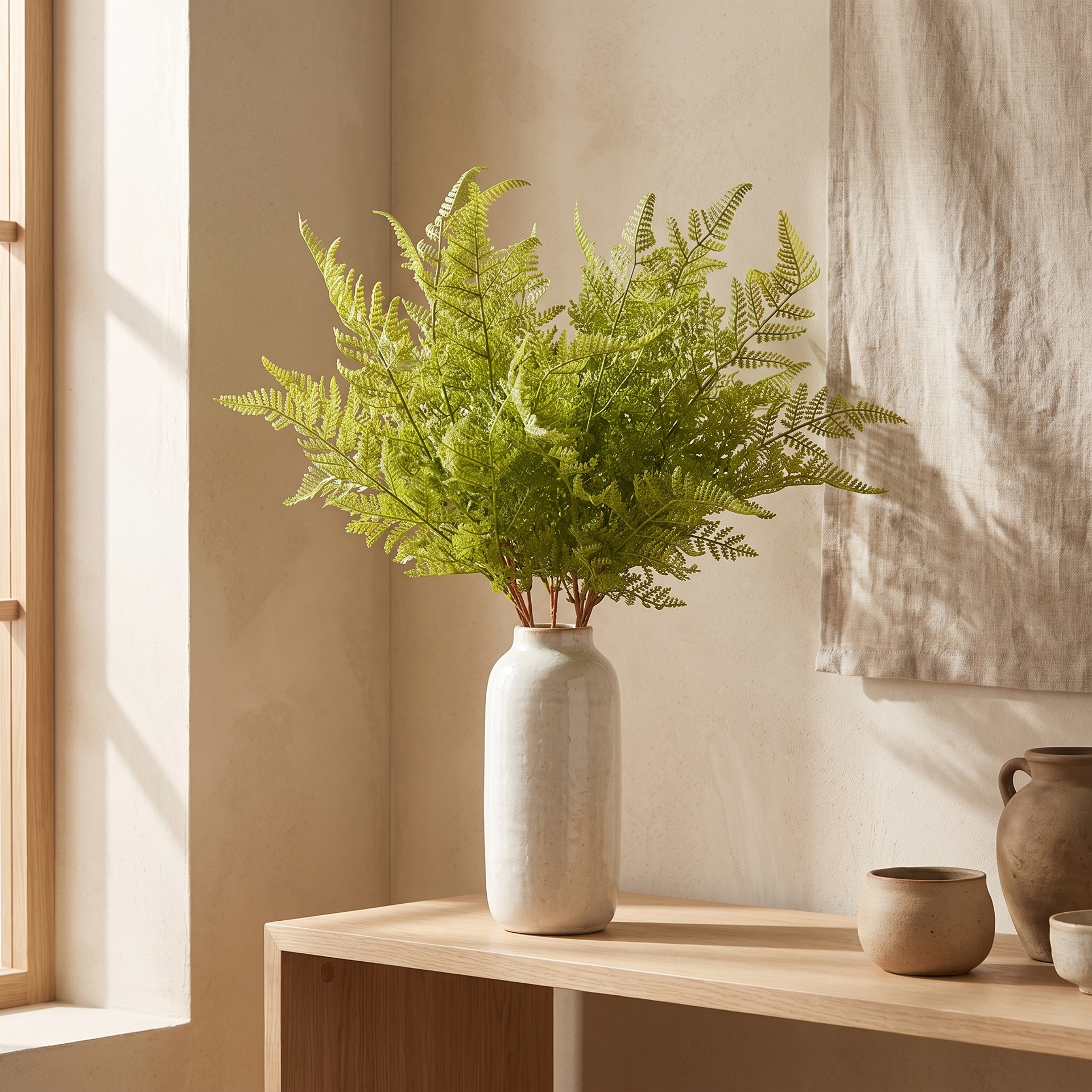 Soft green artificial fern stem resting on a linen-textured shelf
