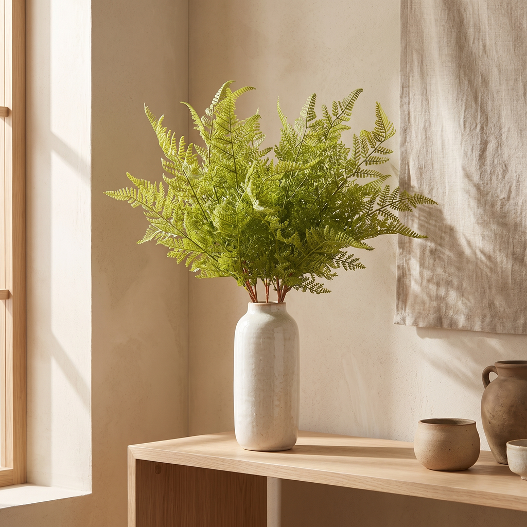 Soft green artificial fern stem resting on a linen-textured shelf