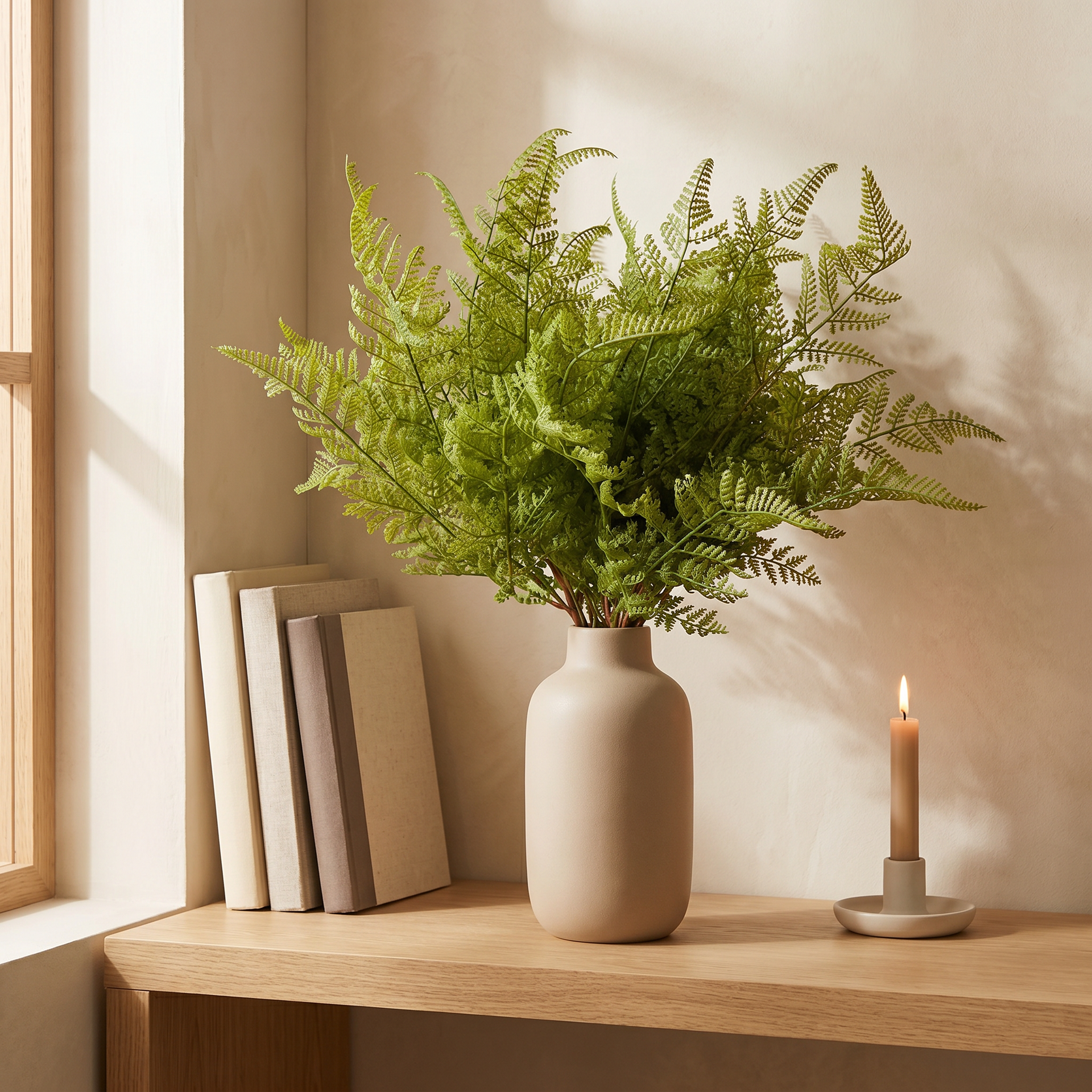 Faux fern leaf bunch styled beside neutral books and a candle