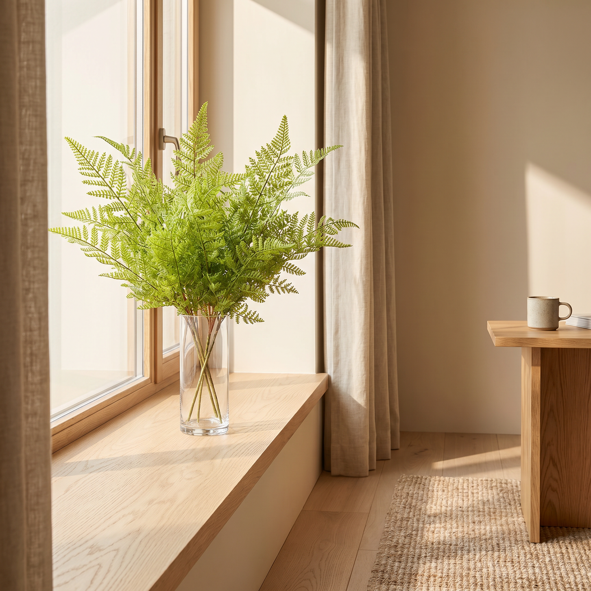 Artificial fern greenery in a glass bud vase by a sunlit window