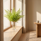 Artificial fern greenery in a glass bud vase by a sunlit window