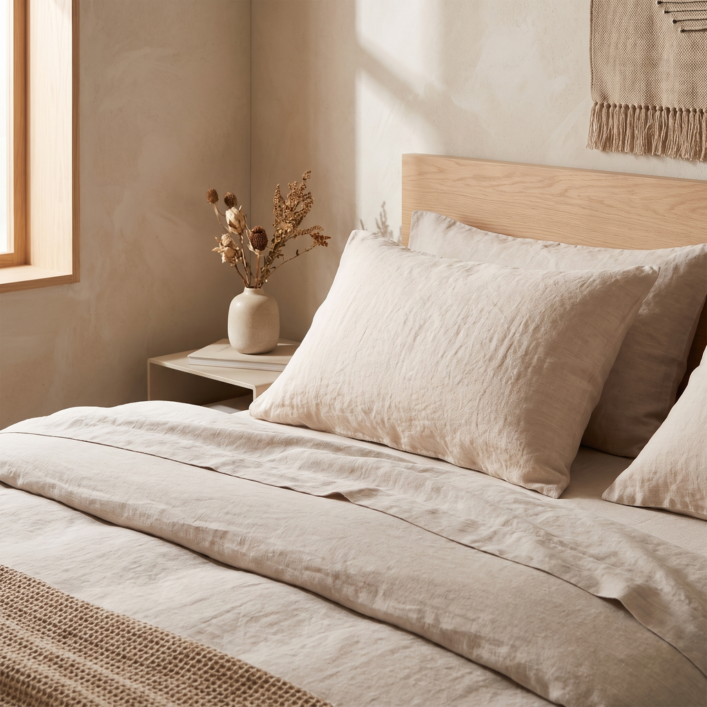 Ivory linen throw pillow cover layered on a beige sofa