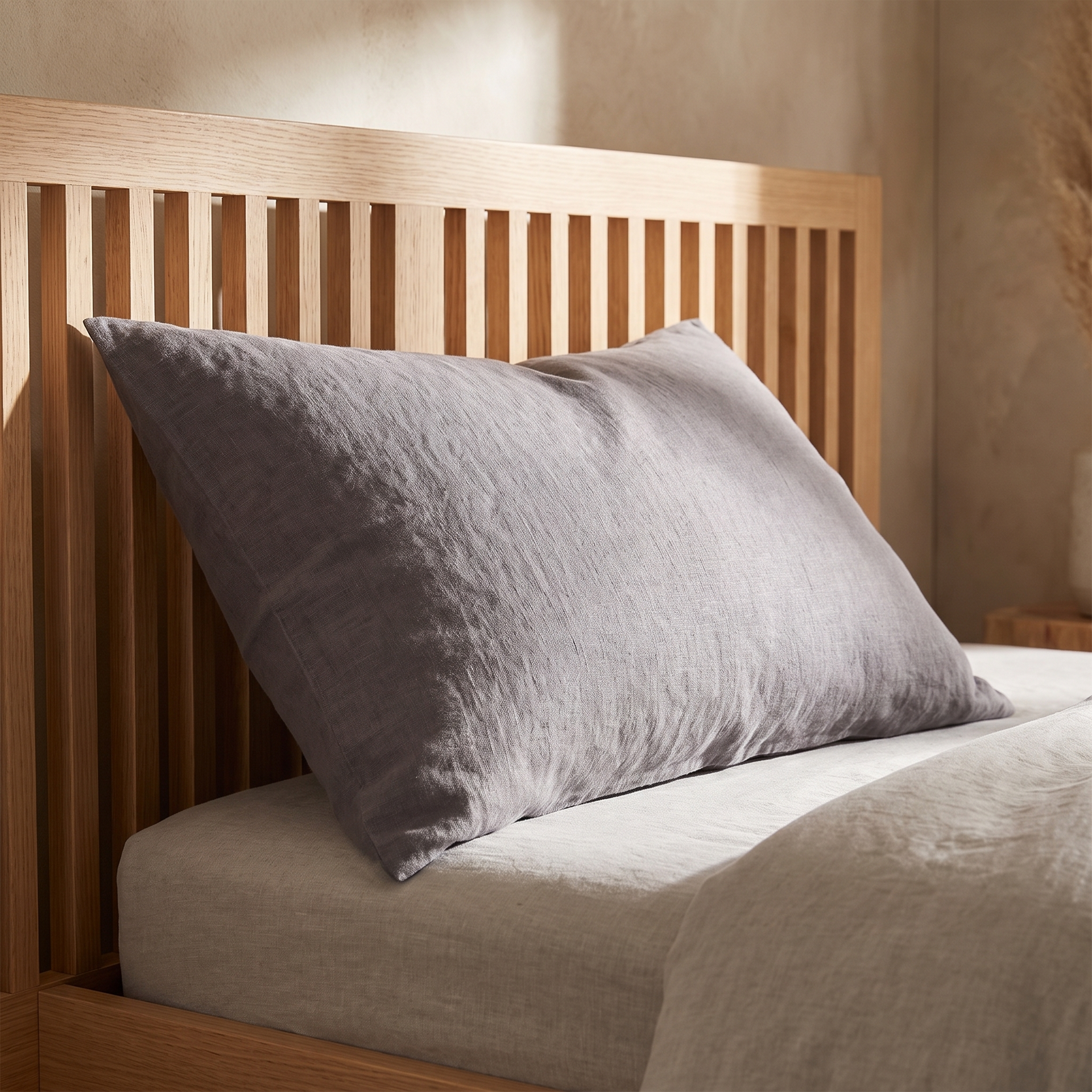 Gray linen lumbar pillow cover against a wood headboard