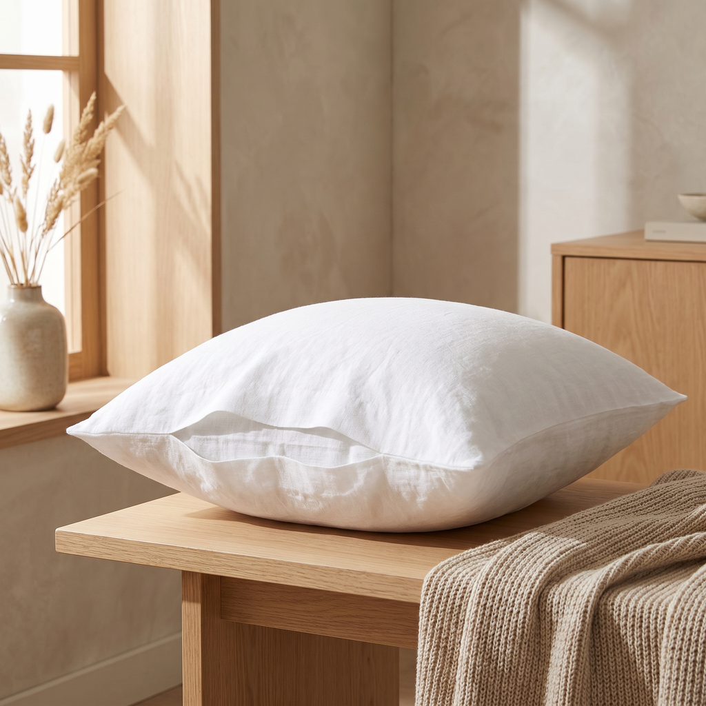 Stack of neutral linen pillow covers folded on a bench
