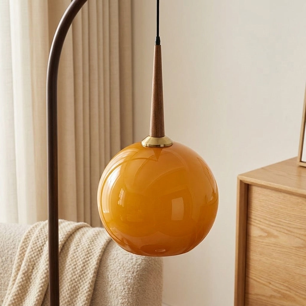 Two-tier round wood shelves on the arched floor lamp