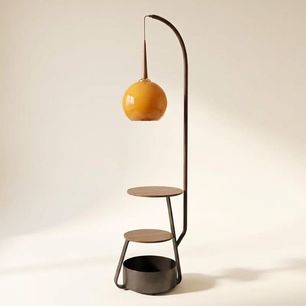 Arched floor lamp with side shelves styled in a living room corner