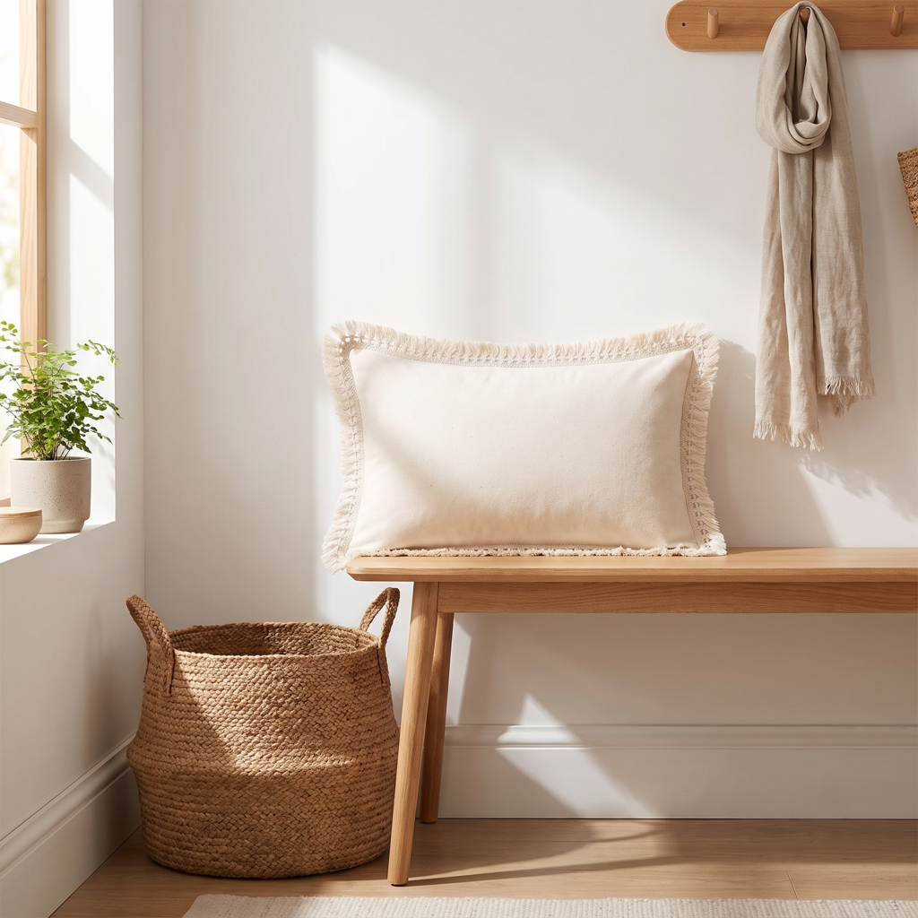 Ivory fringed lumbar cushion cover on an entryway bench